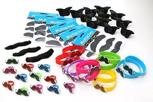 Mustache Toys Assortment: 12 Pack of Mustache Stick Ons (3 pack), bracelets, rings & whistles!!