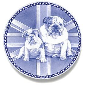 Bulldog and Puppy: Danish Blue Porcelain Plate by Lekven Designs