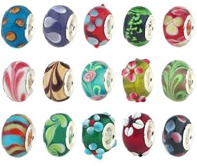 Bundle Monster 50pc Lot Silver Lampwork Murano Glass European Mix Beads - Compatible with Pandora, Chamilia, Biagi, Troll