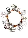 Antique Tricolor Beaded Peace Sign and Dove Stretch Charm Bracelet Fashion Jewelry