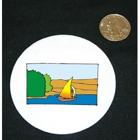 3″ button / pin printed with scenery, boat, indonesia, lake, landscape, yacht