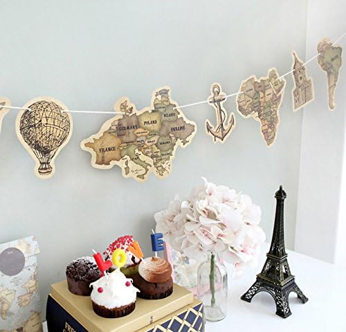 Retro World Traveler Banner Adventure Travel Themed Map Home Decor Garland (Vintage)