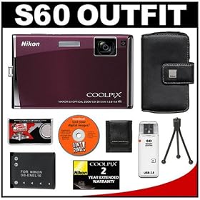 Nikon Coolpix S60 10 Megapixel Digital Camera (Burgundy) with 5x Optical Zoom + EN-EL10... by Nikon