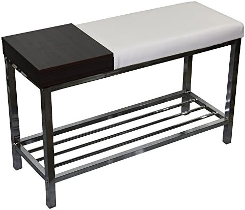 White Faux Leather Storage Entryway Bench with Walnut Storage Accent and Steel Legs