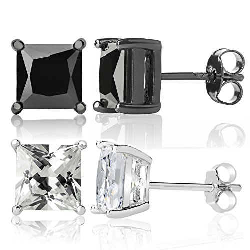Queen Jewelers Sterling Silver Black And White Cubic Zirconia CZ Princess-Cut Stud Earrings Set of 2