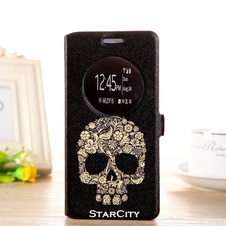 Asus Zenfone 5 Case, StarCity Â® Asus Zenfone 5 (A501CG) Case, [Stand Feature] [Circle Window] - Premium Slim Flip Cover Folio Case with Magnetic Closure for Asus Zenfone 5 (Circle Window Series_Skull Black)
