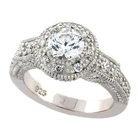 Sterling Silver Vintage Style Engagement Ring w/ Rhodium Plating, w/ 0.75 Carat (6mm) Brilliant Cut CZ Stone, 3/8" (10mm) wide, size 6: Jewelry