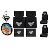 Silver SUPERMAN 9pc Combo Set Front & Rear Floor Mats, Seat Covers, Steering Wheel Cover & Keychain Plus Bonus Matching Decal