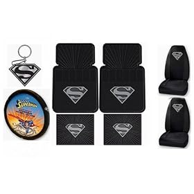 Superman Silver Shield logo Design 8pc Combo Set Front & Rear Floor Mats, Seat Covers, Steering Wheel Cover & Keychain Plus Bonus Matching Decal