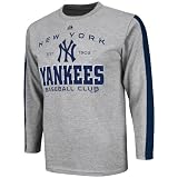 MLB Boys' New York Yankees Roll Out Long Sleeve Crew Neck Overdyed Tee (Steel Heather/Athletic Navy, Small)
