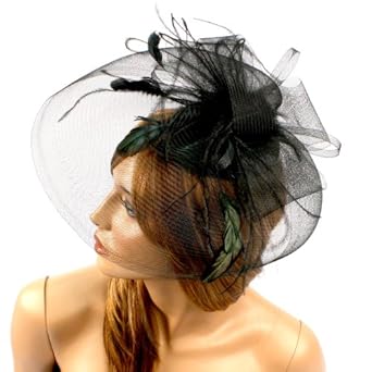 Feathers Heart Shape Veil Big Hat Fascinator Comb Clip Head Piece Cocktail Black