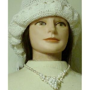Hand Crocheted White Chenille and Gimp Beret Offered with Simulated Ivory Pearl on Sterling Silver...