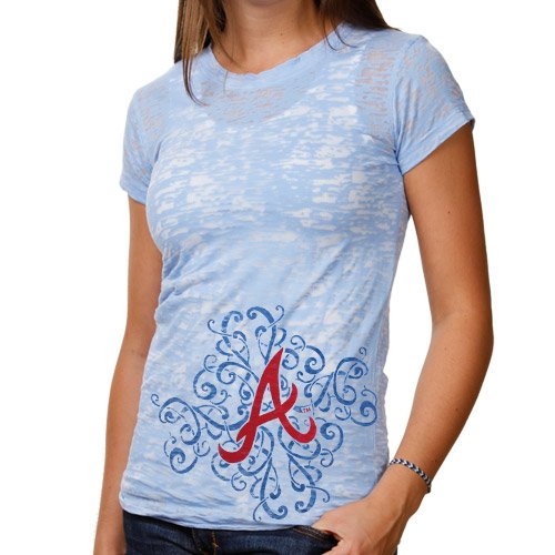 Atlanta Braves Ladies Scroll Burnout Premium Crew T-shirt - Light Blue (Small)