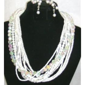 Click here to buy Twelve Strand Simulated White Pearl Crystals and Other Beads Necklace Matching Earrings for Women... by Gita.