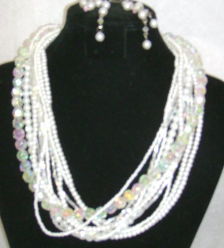 Click here to buy Twelve Strand Simulated White Pearl Crystals and Other Beads Necklace Matching Earrings for Women....