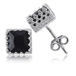 Sterling Silver Princess Black Square Cubic Zirconia CZ Stud Earrings