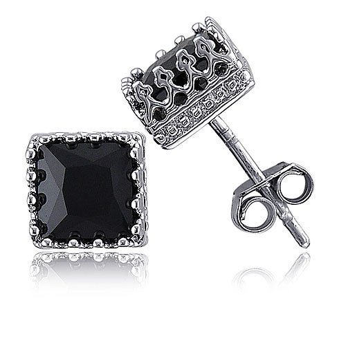 Sterling Silver Princess Black Square Cubic Zirconia CZ Stud Earrings
