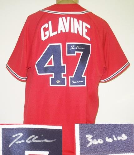 Tom Glavine Autographed/Hand Signed Red Atlanta Braves Baseball Jersey with 300 wins Inscription