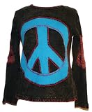 AT-R205 Agan Traders Rib Funky Patchwork Knit Cotton Peace Symbol Hippie Bohemian Tunic Blouse- X-Large