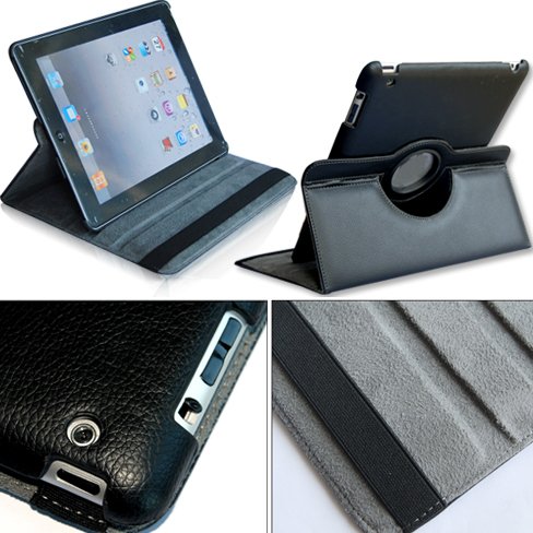 360°Rotating Stand PU Leather Case for Apple iPad 2 Black