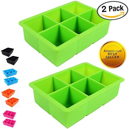 2 Pack - King Cube Ice Trays - 2-inch Squares - 6 Large Ice Cube Maker Per Tray, Extra Large Silicone Mold (2-PACK GREEN)