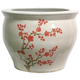 Asian Design Planter Pots - 14 Plum Blossoms on Black Porcelain Pottery Fishbowl... by ORIENTAL FURNITURE