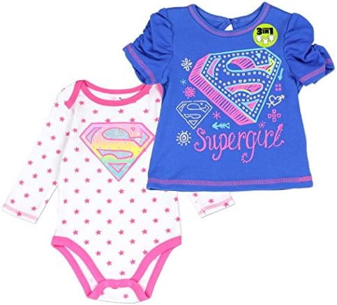 Supergirl Girls 2-piece Set, Creeper and T-shirt (Blue & Pink) (3-6 mo.)