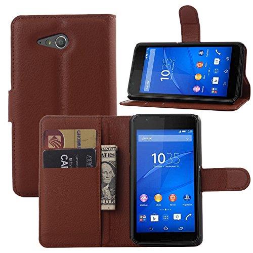 Sony Xperia E4g Case - Demomm(tm) Flip / Folio Pu Leather Wallet Pouch Case Holder Cover with Stand / Card Slots for Sony Xperia E4g Smartphone (Brown)