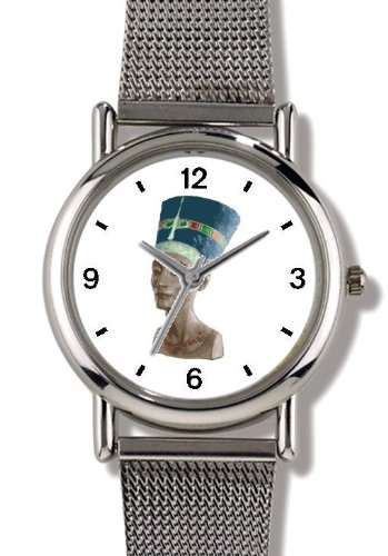 Nefertiti - Angled Frontal View Egyptian Theme - WATCHBUDDY® ELITE Chrome-Plated Metal Alloy Watch with Metal Mesh Strap-Size-Large ( Men's Size or Jumbo Women's Size )
