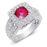 Gorgeous Cushion Cut Checker Board Created Ruby & White CZ Size 6 Gemstone Ring in Sterling Silver Rhodium Finish