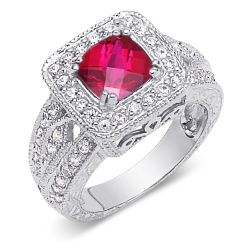 Gorgeous Cushion Cut Checker Board Created Ruby & White CZ Size 6 Gemstone Ring in Sterling Silver Rhodium Finish