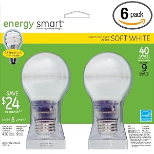 GE Lamps 74724 9-Watt Energy-Smart Covered Glass CFL Light Bulbs, 40-Watt Output, 6-Pack by General Electric