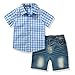 FERENYI Toddler Boy's Clothes Short Sleeved Plaid Woven Shirt with Denim Shorts Sets (3 Years, Blue)