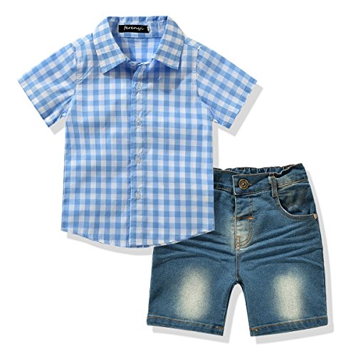 Toddler Boy's Clothes Short Sleeved Plaid Woven Shirt With Denim Shorts Sets