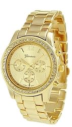 Geneva Chronograph Look Watch with Crystals..Gold Tone Metal Link