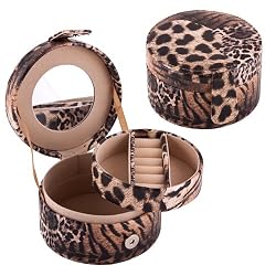 Brown Leopard Round Jewelry Box With Mirror and Removable Tray