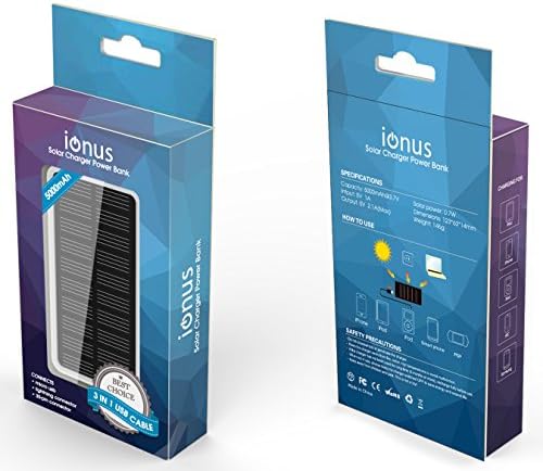 ionus Solar Charger 5000mAh Power Bank. Universally Rechargeable Li-ion Battery Pack for iPhone 6 5C 5S 5 4S 4, iPad, iPod, Samsung S5 S4 S3 S2, Galaxy, Nexus, Note 3 2, Android, Bluetooth Speaker, Blackberry, HTC, Nokia Lumia, Sony Xperia and Other Cell Phones. Great Portable Travel Charger and Backup External Emergency Power Supply. CE, FCC and RoHS Certified. Dual USB Output with 3 in 1 Micro, 30-pin and Lightning USB Cable Included (White)
