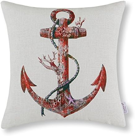 Euphoria Home Decorative Cushion Covers Pillows Shell Cotton Linen Blend Vintage Boat Anchor Red Color 18" X 18"
