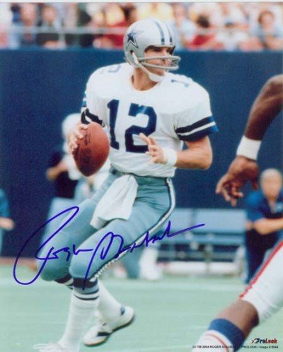 Roger Staubach Autographed/Hand Signed Dallas Cowboys 8x10 Photo (White Jersey Dropping Back)