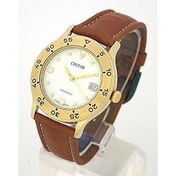 CROTON Men's Swiss Automatic Gold-tone Watch with Brown Leather Strap. Model: CRO-AQU1511