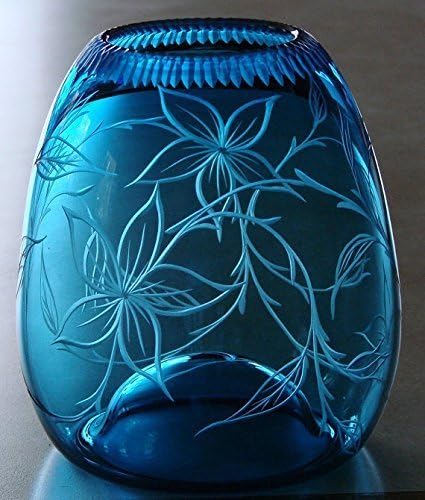 "Floral Dance" Hand blown Blue Vase with floral design hand engraved