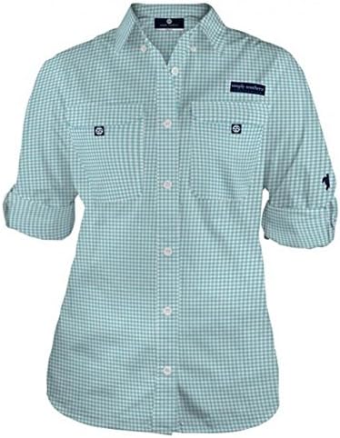 Simply Southern Ladies Long Sleeve Pocket Dock Fishing Shirt (Large, Aqua Gingham)