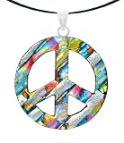 Sterling Silver Dichroic Glass Multi-Color Peace Sign Pendant on Stainless Steel Wire, 18