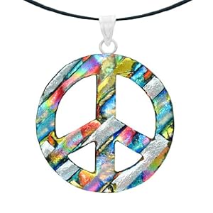 Sterling Silver Dichroic Glass Multi-Color Peace Sign Pendant on Stainless Steel Wire 18"