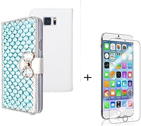 Google Nexus 6 Case - 3D Handmade Bling Crystal LOVE Blue Pendant Sparkle Glitter Rhinestone Diamond Flowers PU Leather Wallet Type with Magnetic Clasp Credit Card Holder Design Folio Case Cover for Google Nexus 6 Screen Protector