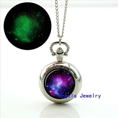 Pretty Lee Fashion Galaxy Space Glowing Pocket Watch Glowing Jewelry Glass Photo Locket Necklace
