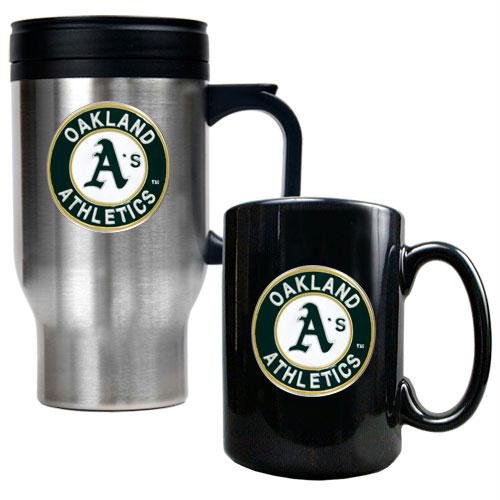 MLB Oakland Athletics Stainless Steel Travel Mug & Black Ceramic Mug Set - Primary Logo