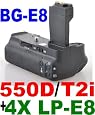 Battery Grip BG-E8 for Canon EOS 550D / Rebel T2i SLR Digital Camera + 4x LP-E8 Lithium Ion Rechargeable Batteries