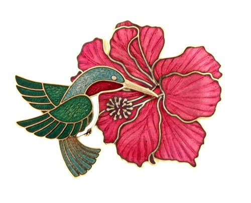 Hand enameled hummingbird and flower brooch or pin