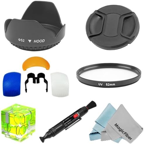 Essentials Kit For NIKON DSLR Cameras (D5100 D5000 D3100 D3000 D40 D60 D80) - Includes: 52MM UV Filter + Tulip Lens Hood + Flash Diffuser Kit + Center Pinch Lens Cap + 3 Axis Bubble Level Hot Shoe + Lens Cleaning Pen + 2 MagicFiber Microfiber Cleaning Cloths